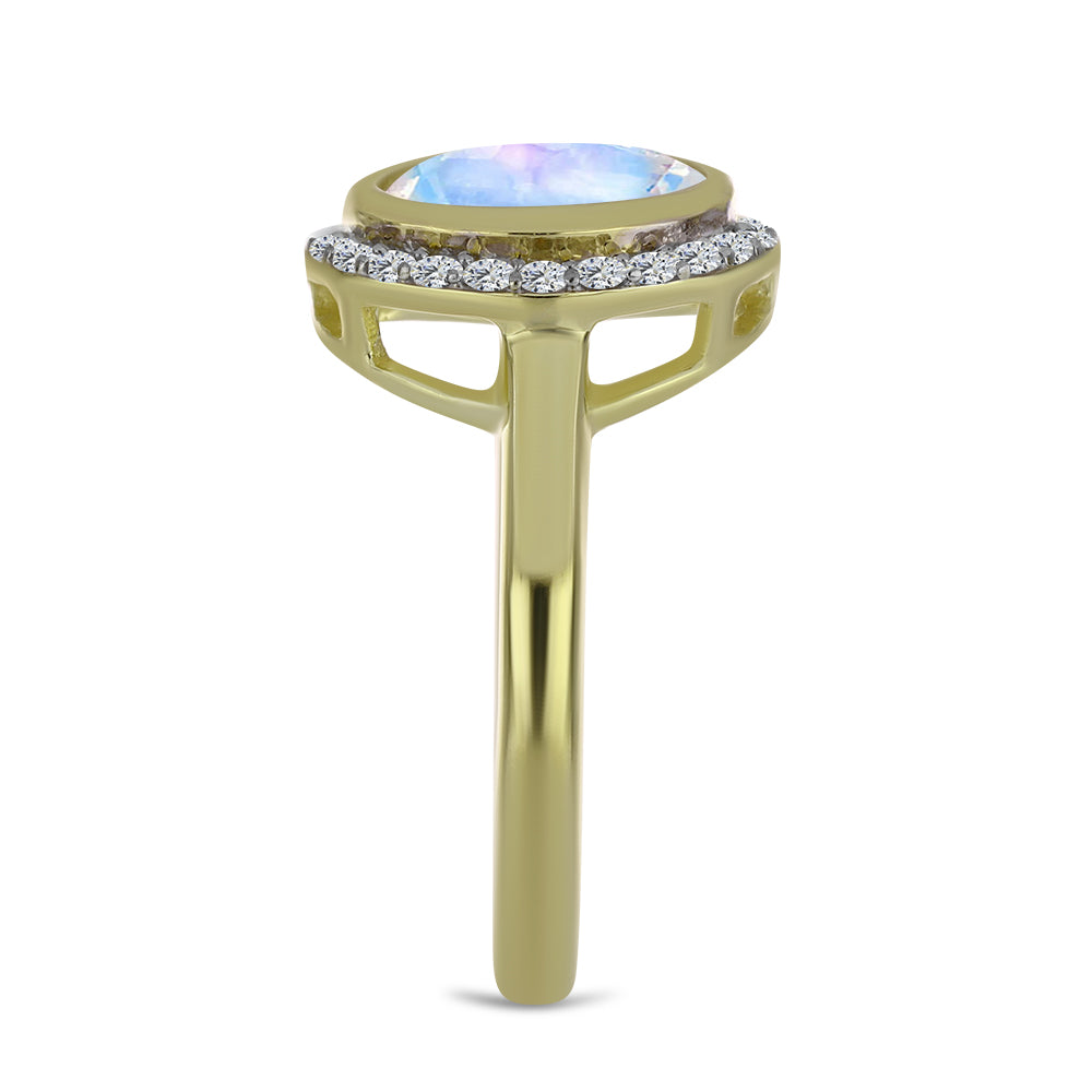 Anillo de Plata Bañada en Oro con Piedra Lunar Arco Iris y Topacio Blanco