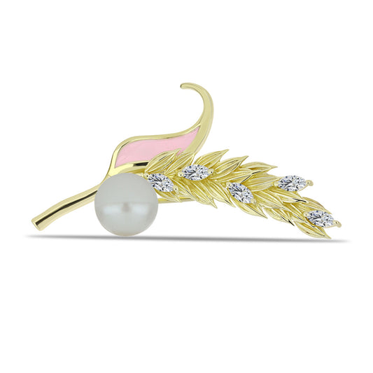 Broche de Plata Bañada en Oro con Perla blanca de agua dulce y Topacio Blanco