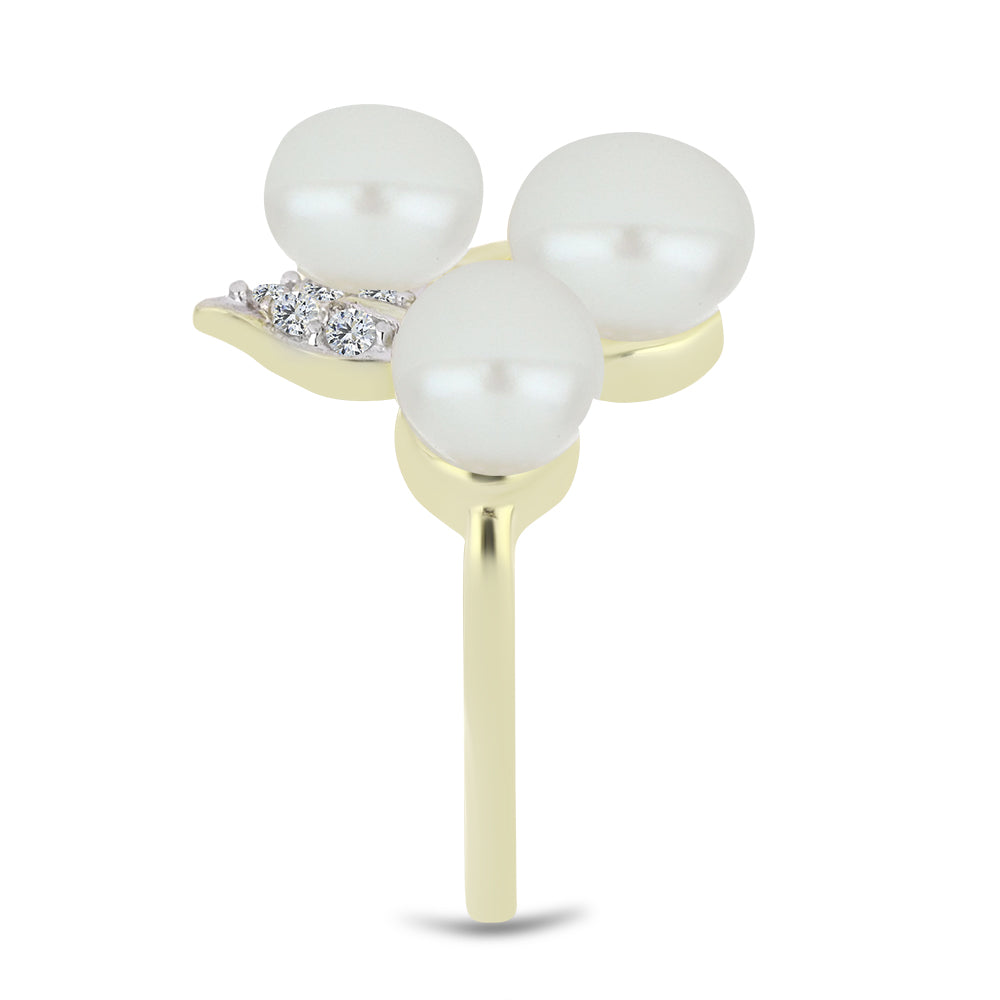 Anillo de Plata Bañada en Oro con Perla blanca de agua dulce y Topacio Blanco