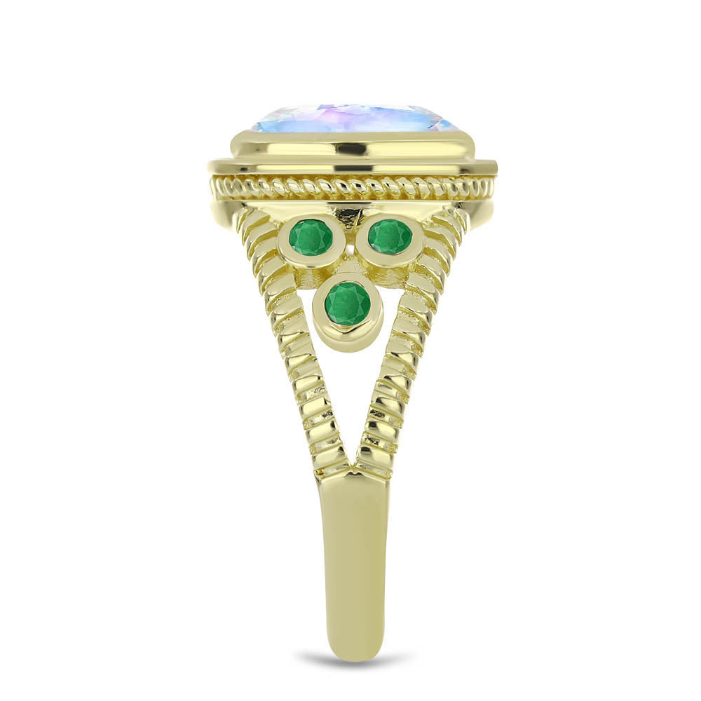 Anillo de Plata Bañada en Oro con Piedra Lunar Arco Iris y Esmeralda de Brasil