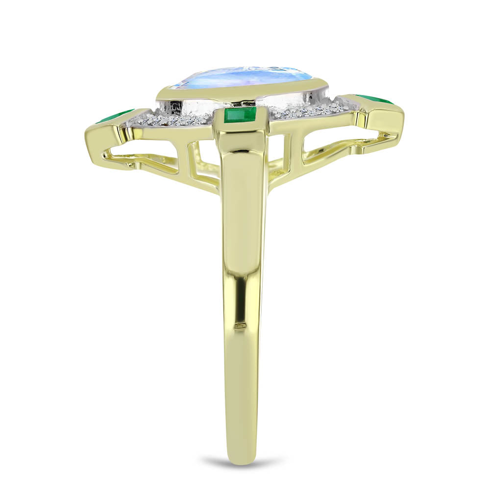 Anillo de Plata Bañada en Oro con Piedra Lunar Arco Iris y Esmeralda de Brasil