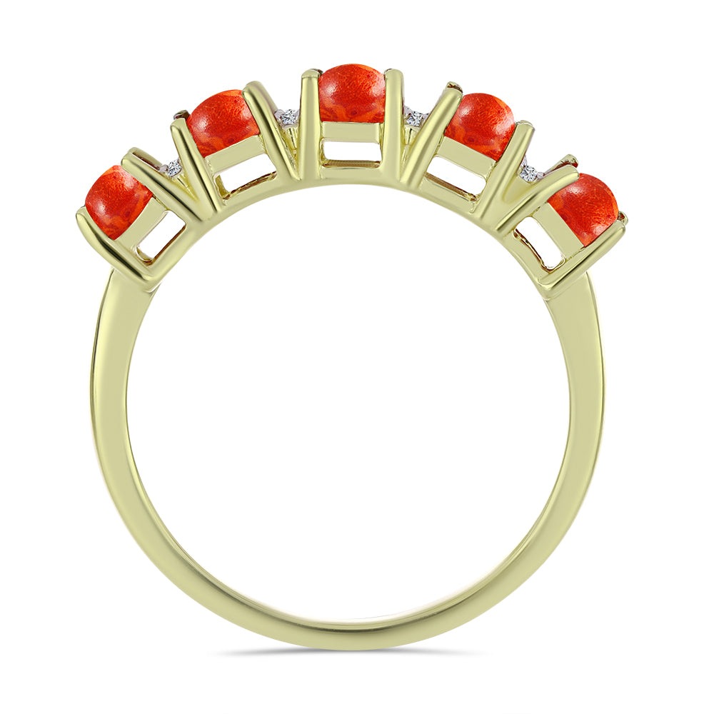 Anillo de Plata Bañada en Oro con Coral de Esponja Roja y Topacio Blanco