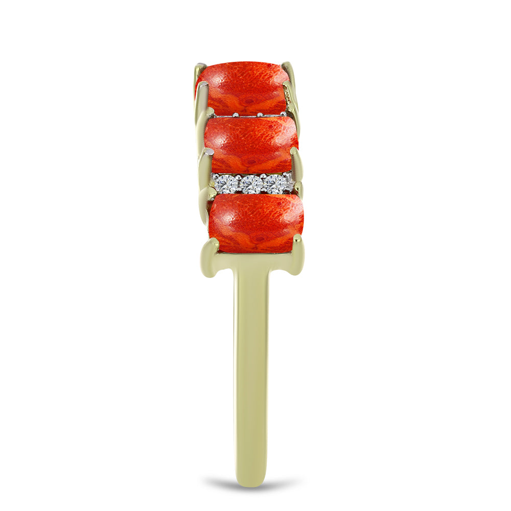 Anillo de Plata Bañada en Oro con Coral de Esponja Roja y Topacio Blanco