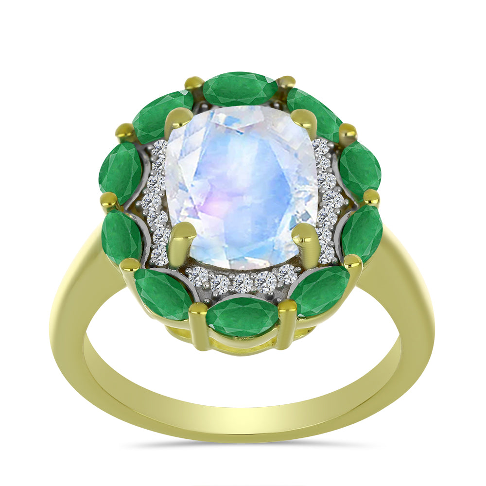 Anillo de Plata Bañada en Oro con Piedra Lunar Arco Iris y Esmeralda de Brasil