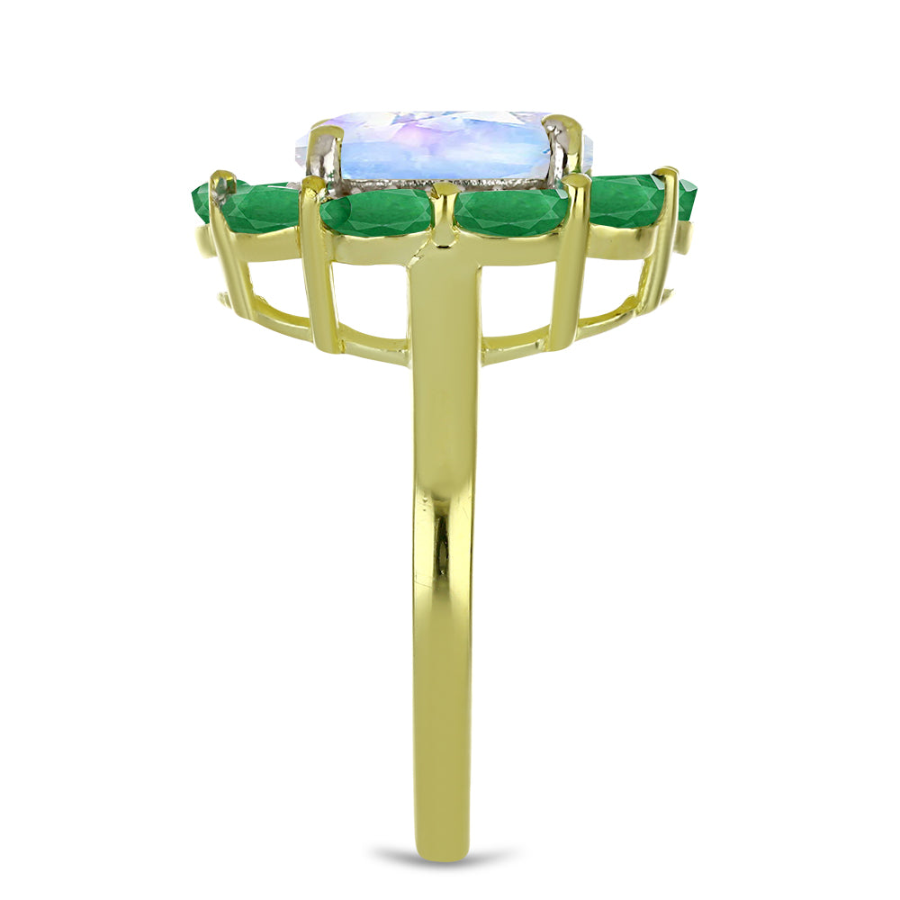 Anillo de Plata Bañada en Oro con Piedra Lunar Arco Iris y Esmeralda de Brasil