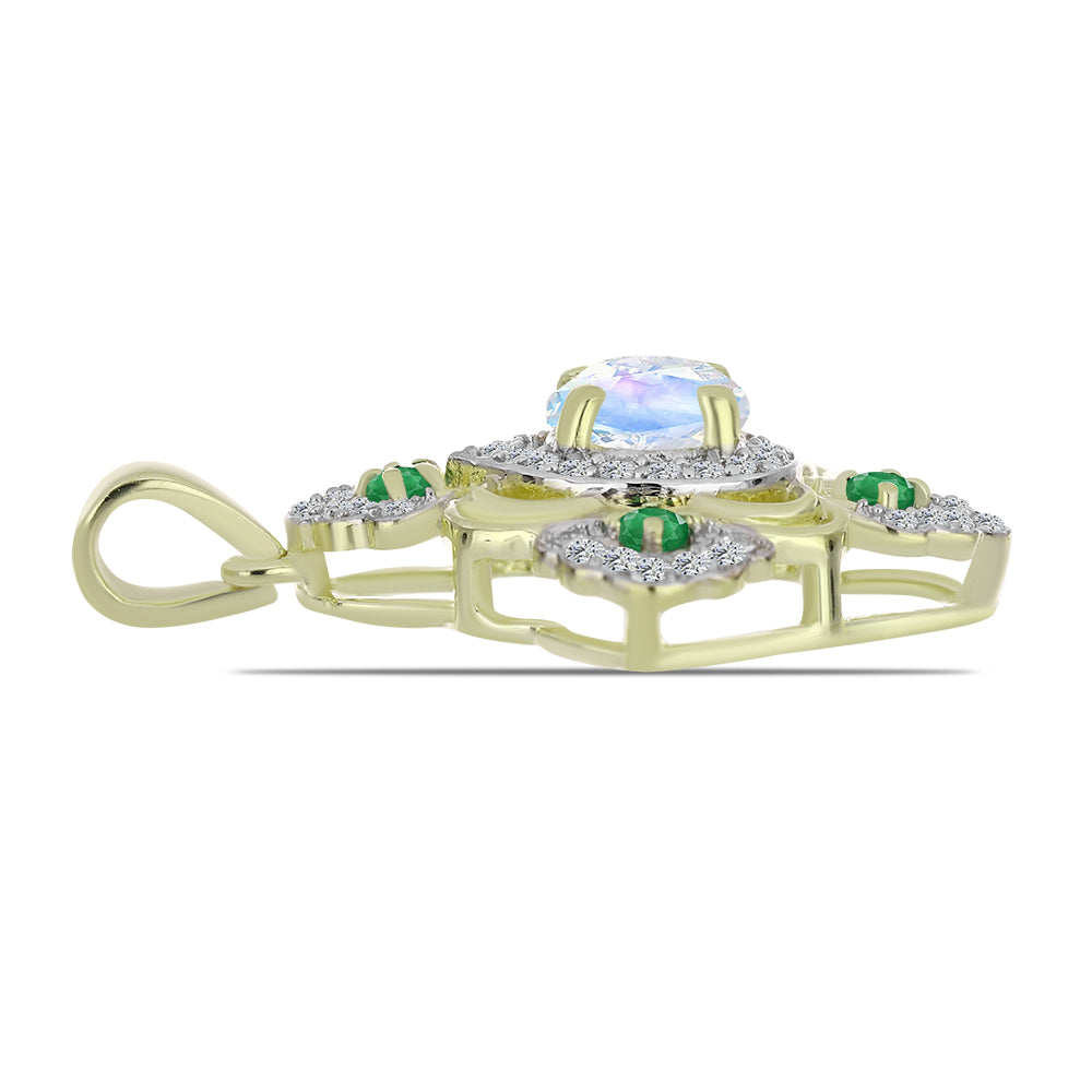 Colgante de Plata Bañada en Oro con Piedra Lunar Arco Iris y Esmeralda de Brasil