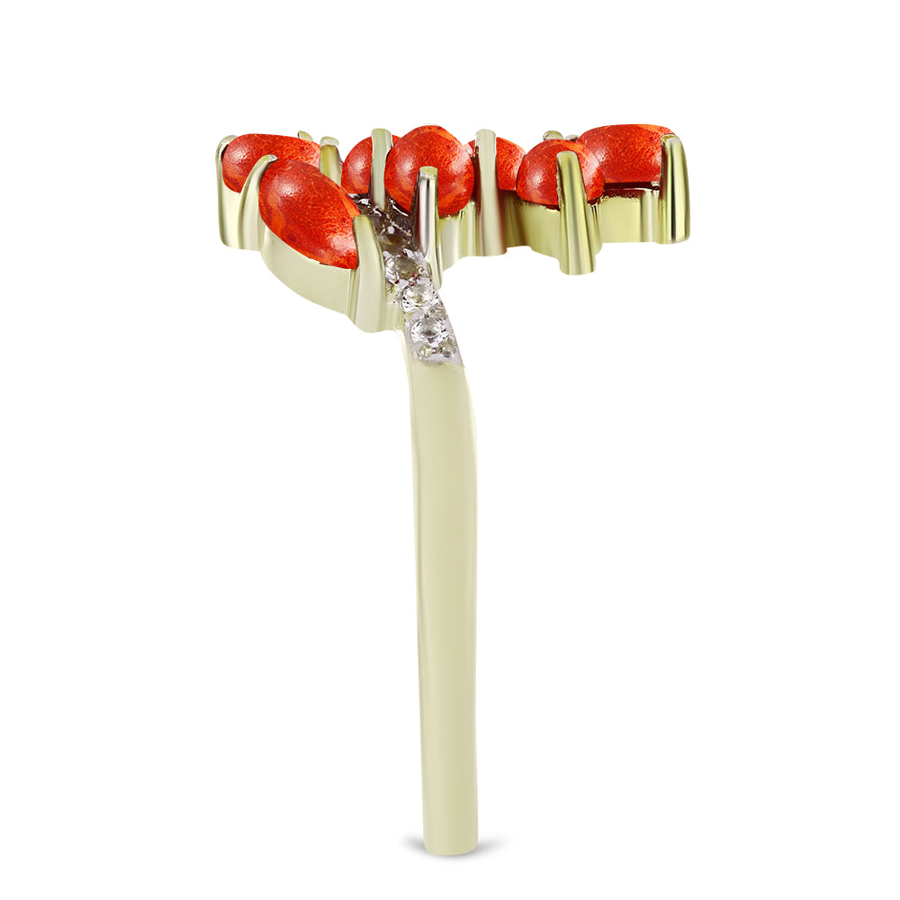 Anillo de Plata Bañada en Oro con Coral de Esponja Roja y Topacio Blanco
