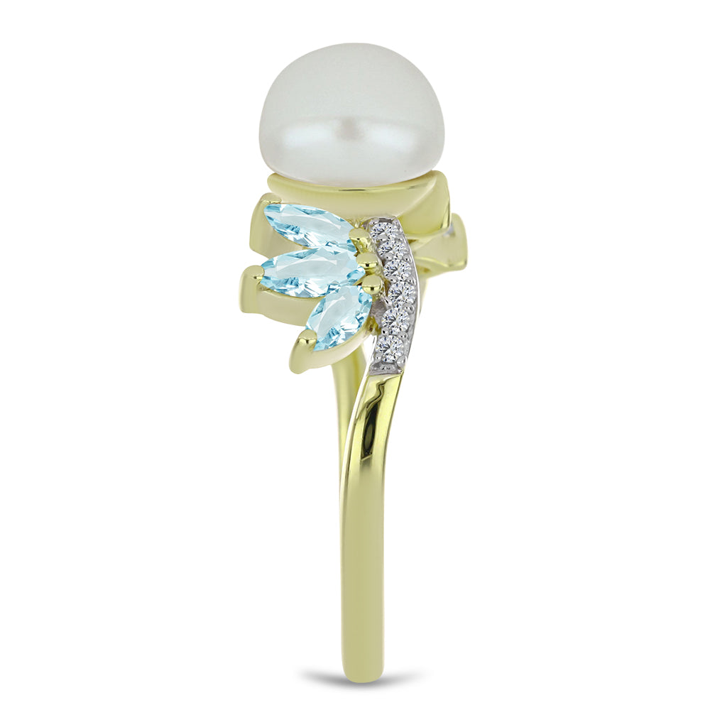 Anillo de Plata Bañada en Oro con Perla blanca de agua dulce y Aguamarina