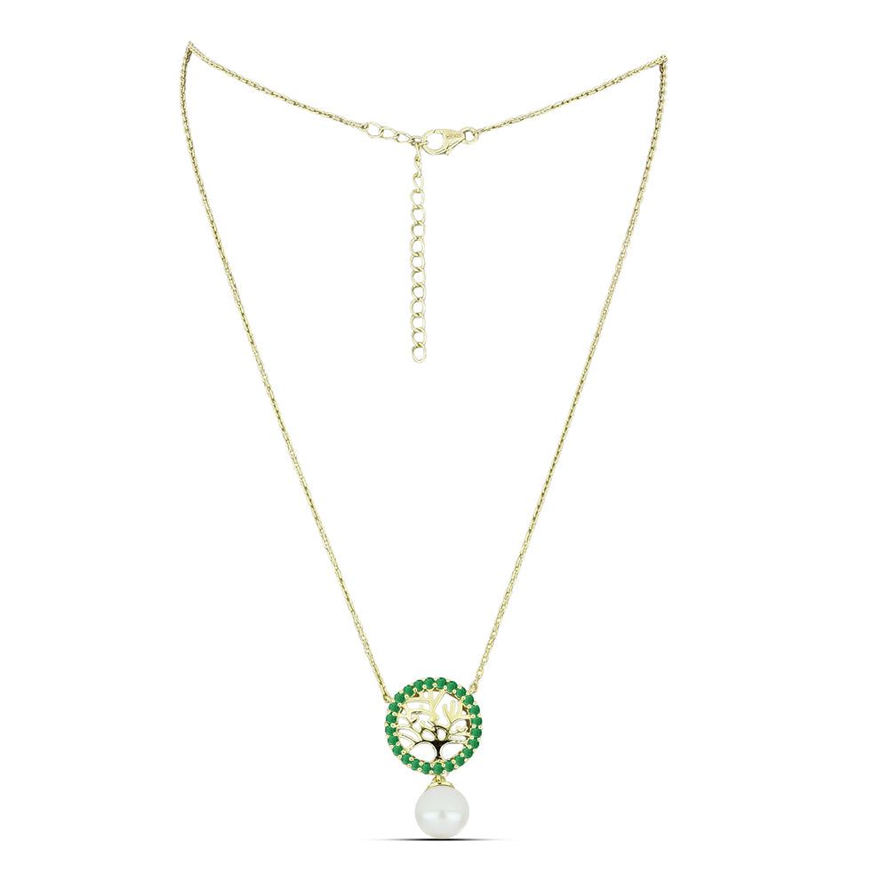Collar de Plata Bañada en Oro con Perla blanca de agua dulce y Esmeralda de Brasil
