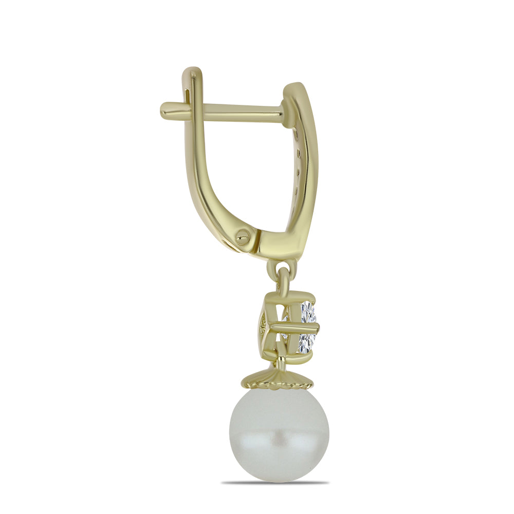 Pendientes de Plata Bañada en Oro con Perla blanca de agua dulce y Topacio Blanco