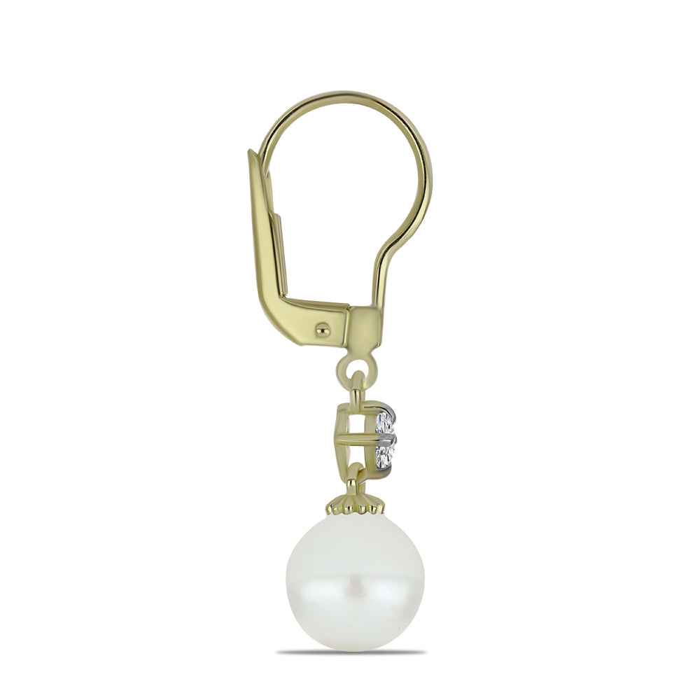 Pendientes de Plata Bañada en Oro con Perla blanca de agua dulce y Topacio Blanco