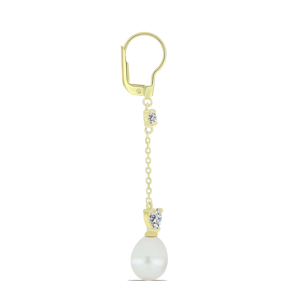 Pendientes de Plata Bañada en Oro con Perla blanca de agua dulce y Topacio Blanco