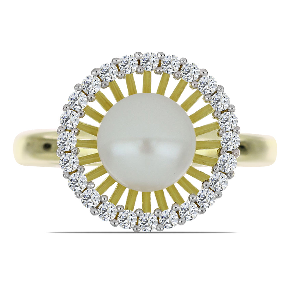 Anillo de Plata Bañada en Oro con Perla blanca de agua dulce y Topacio Blanco