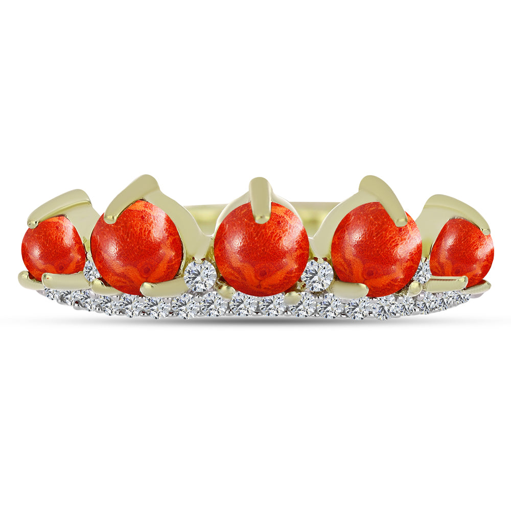 Anillo de Plata Bañada en Oro con Coral de Esponja Roja y Topacio Blanco