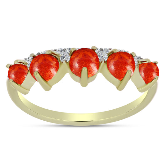 Anillo de Plata Bañada en Oro con Coral de Esponja Roja y Topacio Blanco