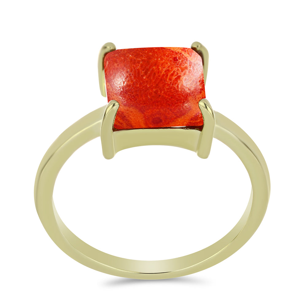 Anillo de Plata Bañada en Oro con Coral de Esponja Roja