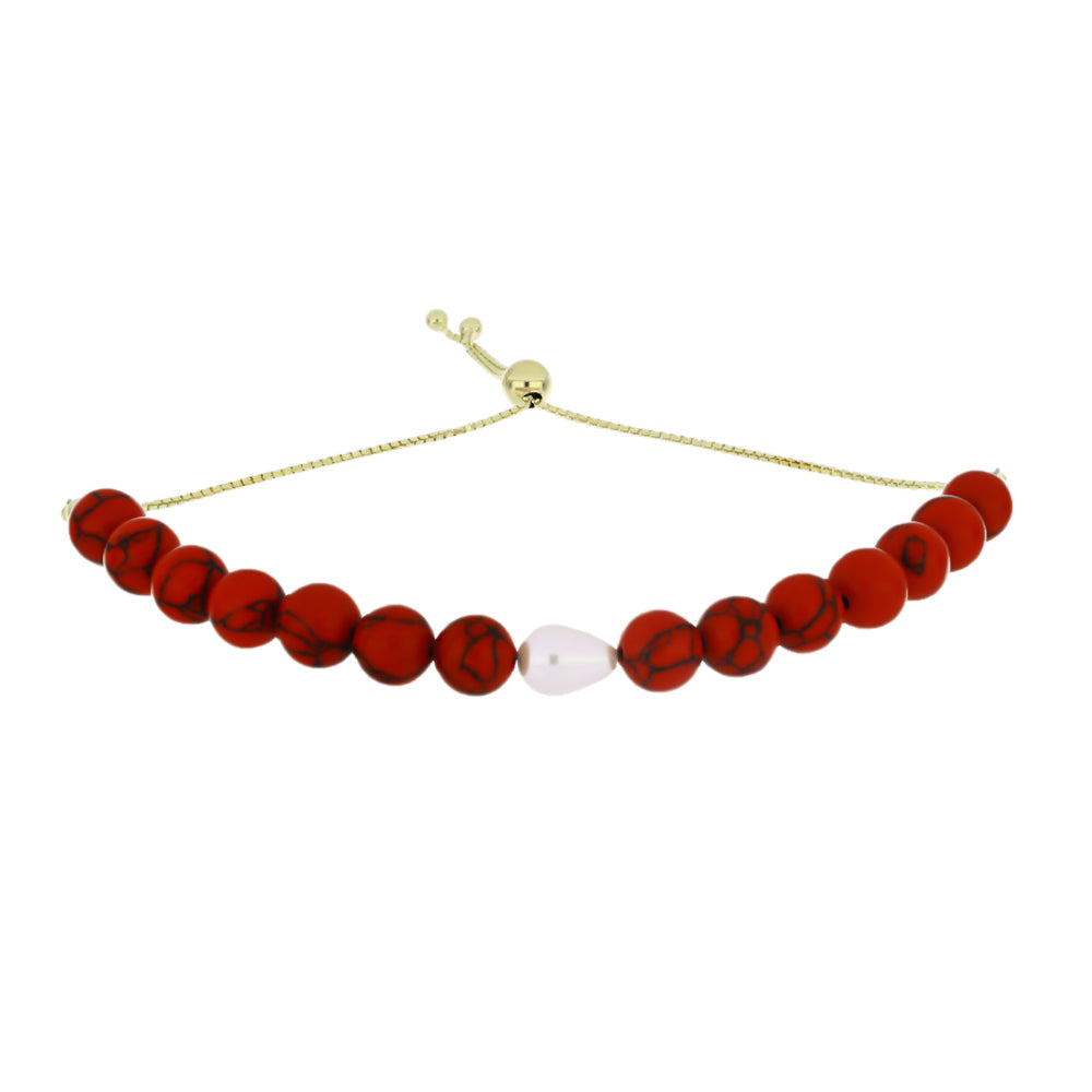 Pulsera de Plata Bañada en Oro con Coral de Esponja Roja y Perla blanca de agua dulce