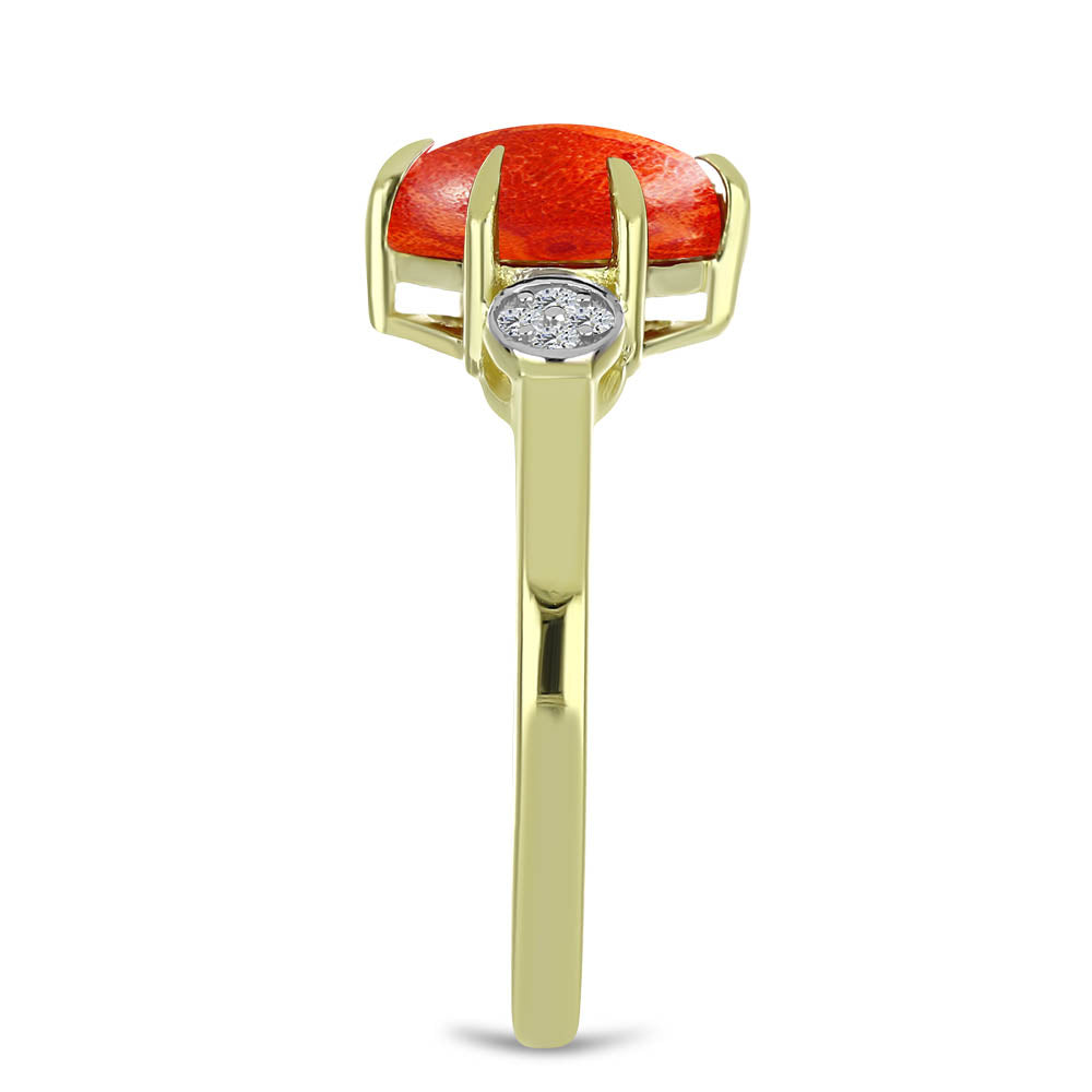 Anillo de Plata Bañada en Oro con Coral de Esponja Roja y Topacio Blanco