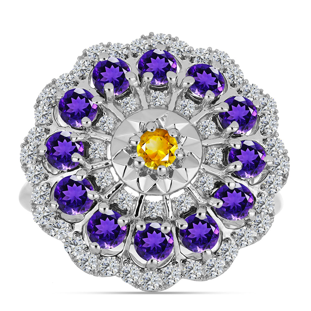 Anillo de Plata con Citrino de los Montes Urales y Amatista de Marruecos