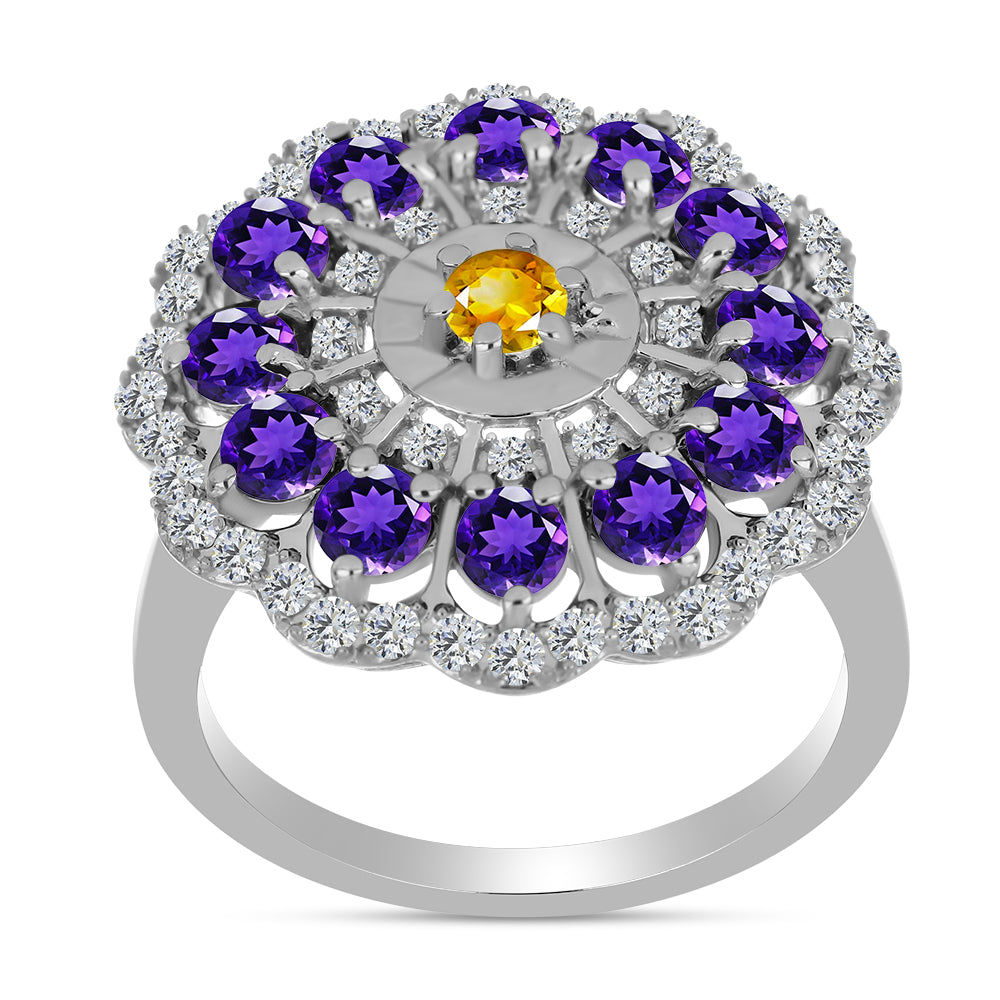 Anillo de Plata con Citrino de los Montes Urales y Amatista de Marruecos