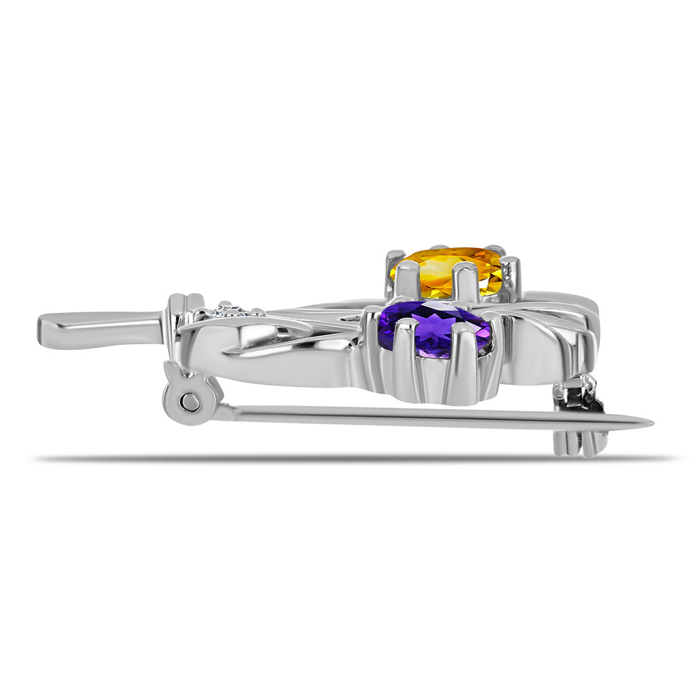 Broche de Plata con Citrino de los Montes Urales y Amatista de Marruecos