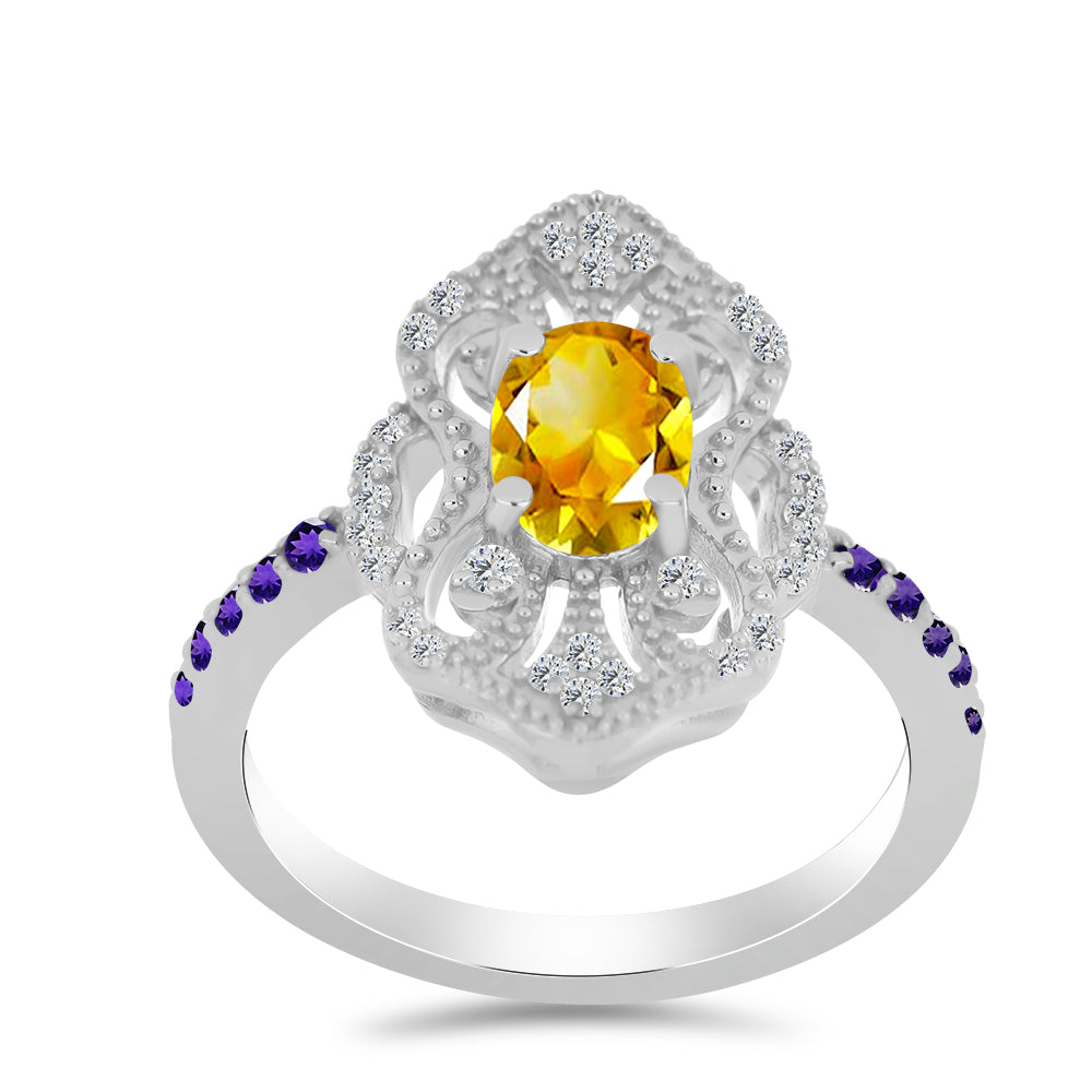 Anillo de Plata con Citrino de los Montes Urales y Amatista de Marruecos
