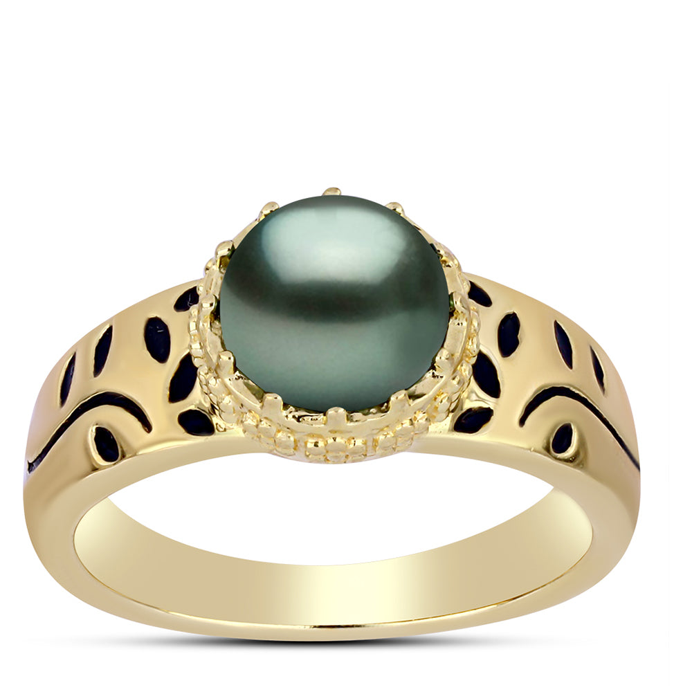 Anillo de Plata Bañada en Oro con Perla de río Tahiti verde ilusión
