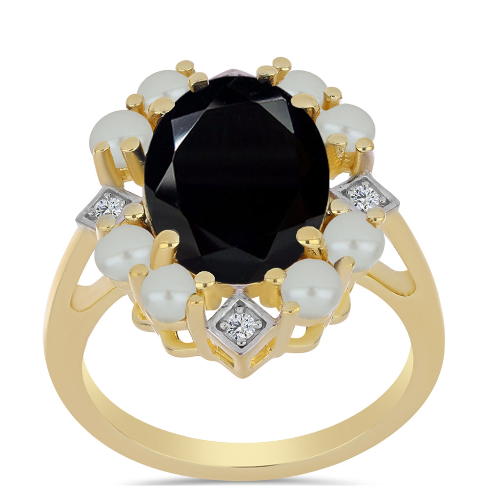 Anillo de Plata Bañada en Oro con Perla de río Tahiti verde ilusión y Ónix Negro