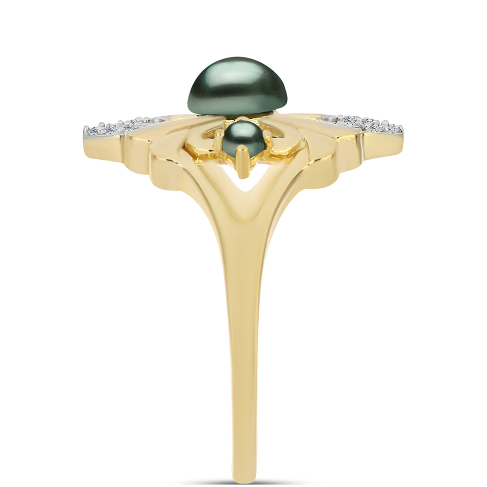 Anillo de Plata Bañada en Oro con Perla de río Tahiti verde ilusión y Topacio Blanco