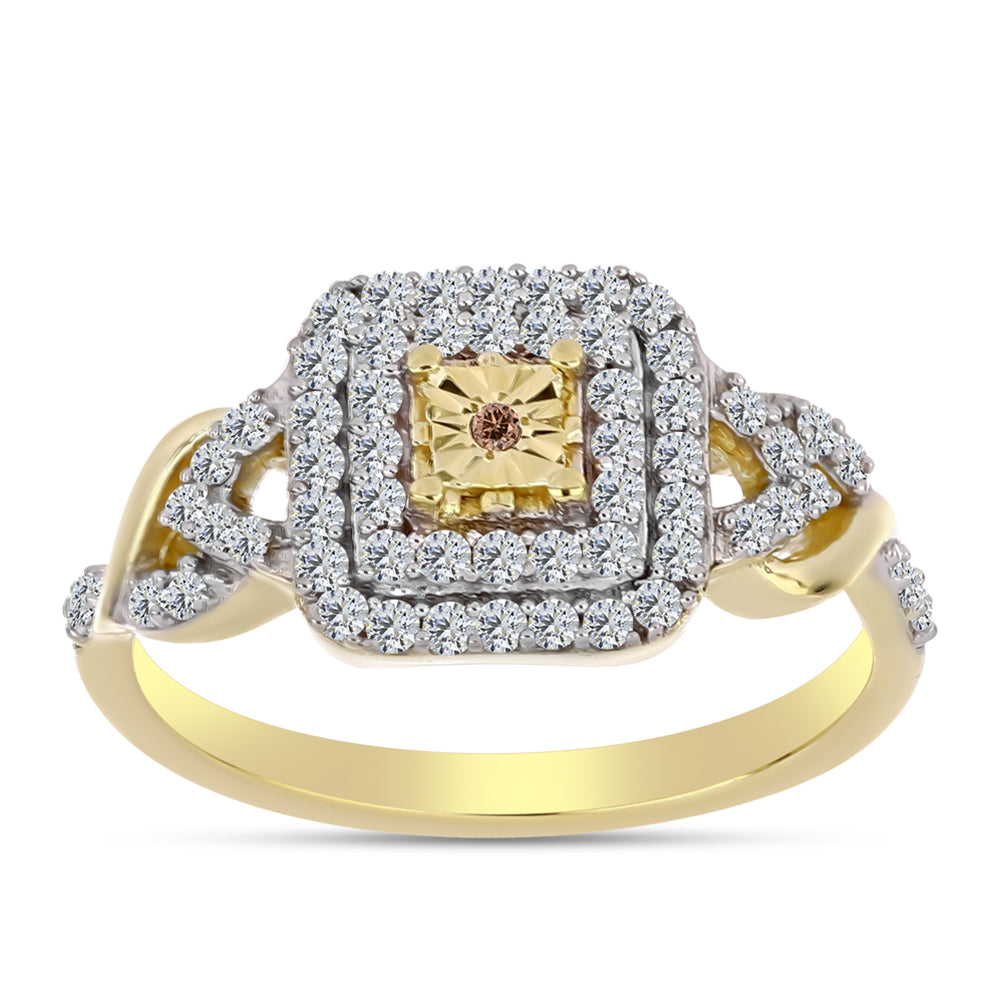 Anillo de Plata Bañada en Oro con Diamante Cognac y Topacio Blanco