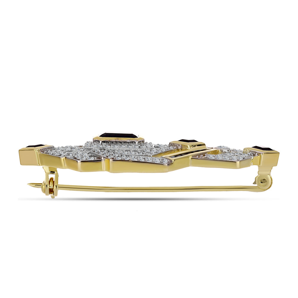 Broche de Plata Bañada en Oro con Ónix Negro y Topacio Blanco