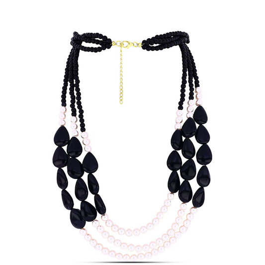 Collar de Plata Bañada en Oro con Ónix Negro y Perla de Agua Dulce Blanca