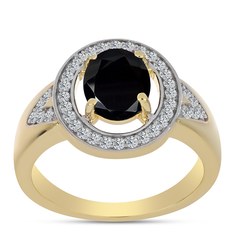 Anillo de Plata Bañada en Oro con Ónix Negro y Topacio Blanco