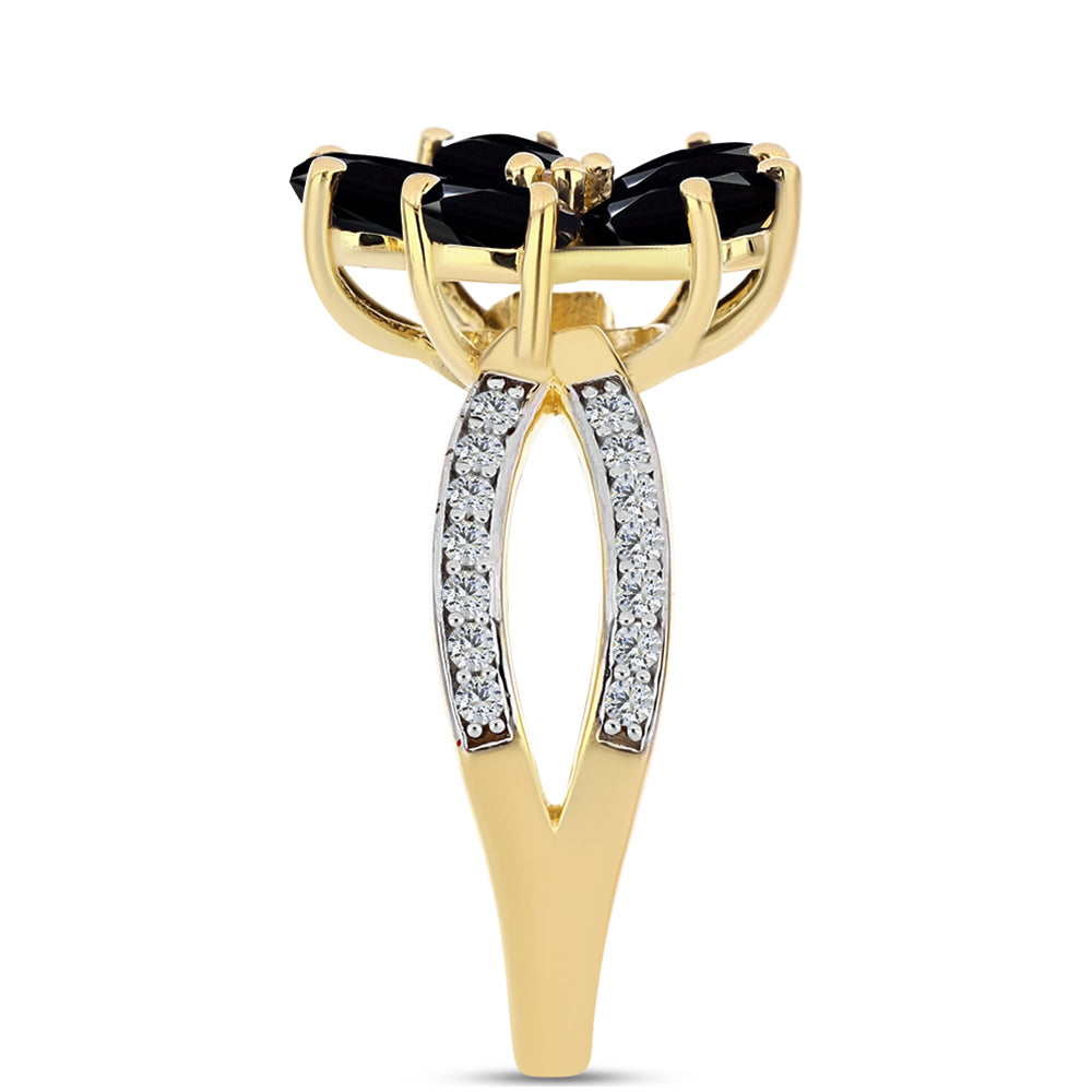 Anillo de Plata Bañada en Oro con Ónix Negro y Topacio Blanco