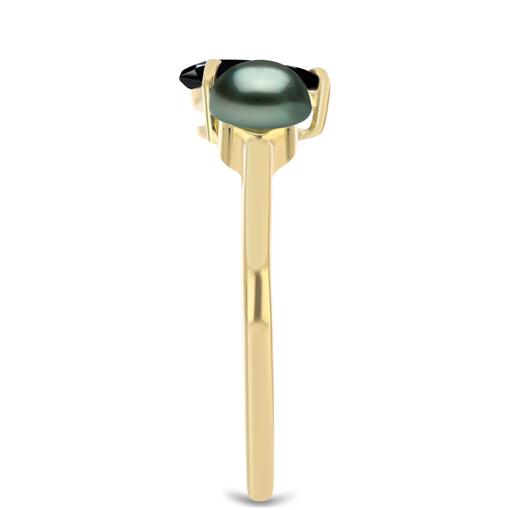 Anillo de Plata Bañada en Oro con Perla de río Tahiti verde ilusión y Espinela Negra de Badakhshan Gorno