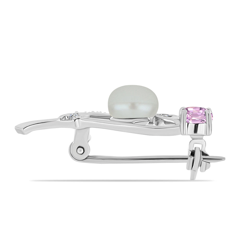 Broche de Plata con Kunzita de Pala y Perla de Agua Dulce Blanca