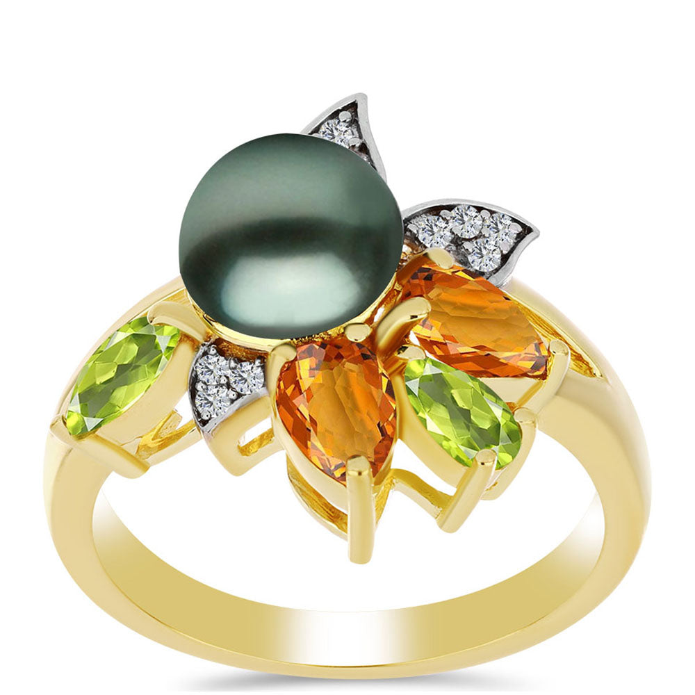 Anillo de Plata Bañada en Oro con Perla de río Tahiti verde ilusión y Citrino de los Montes Urales