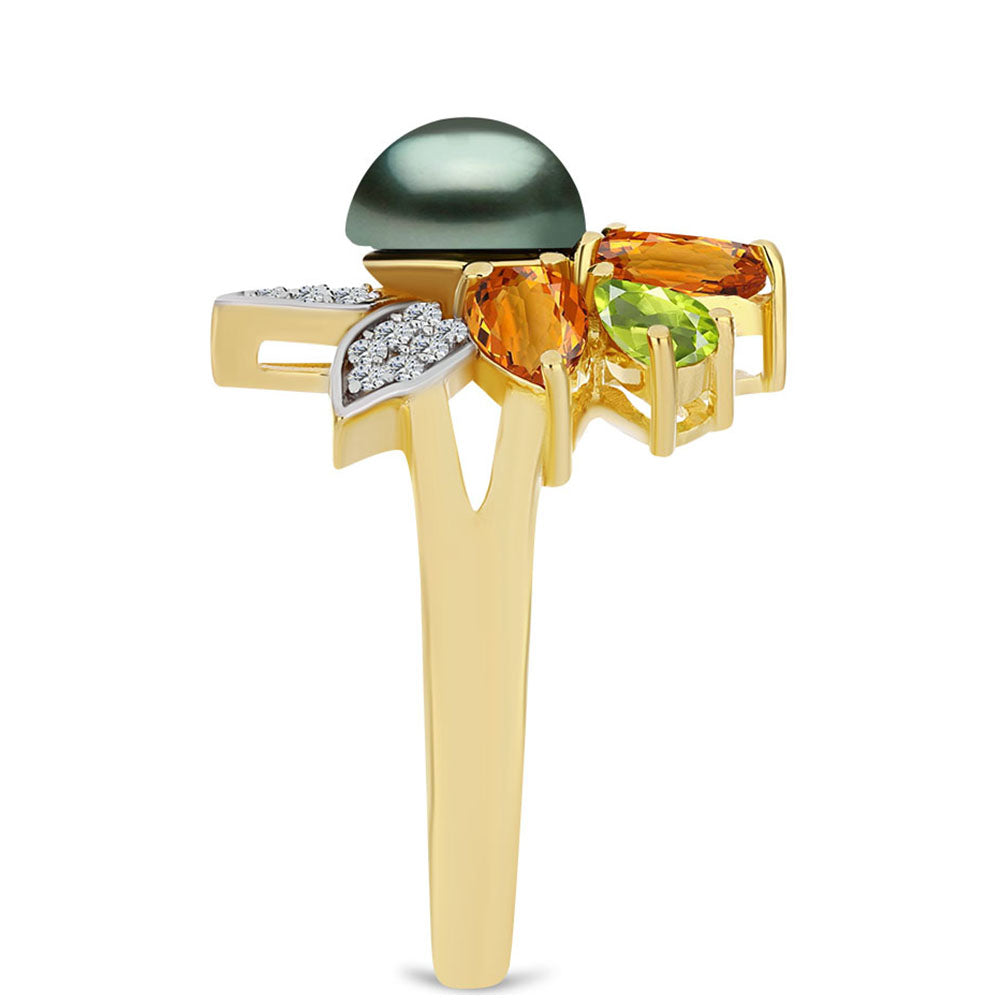 Anillo de Plata Bañada en Oro con Perla de río Tahiti verde ilusión y Citrino de los Montes Urales