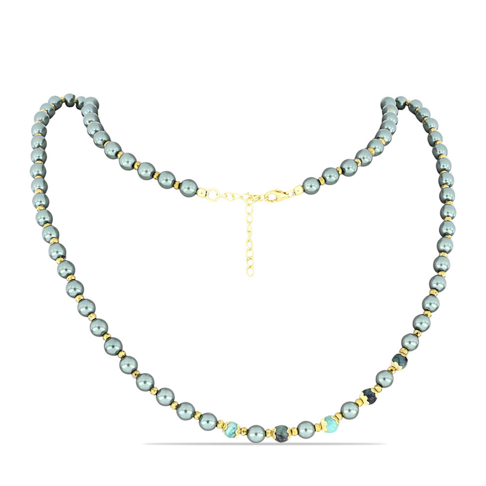 Collar de Plata Bañada en Oro con Perla de río Tahiti verde ilusión y Esmeralda de Brasil