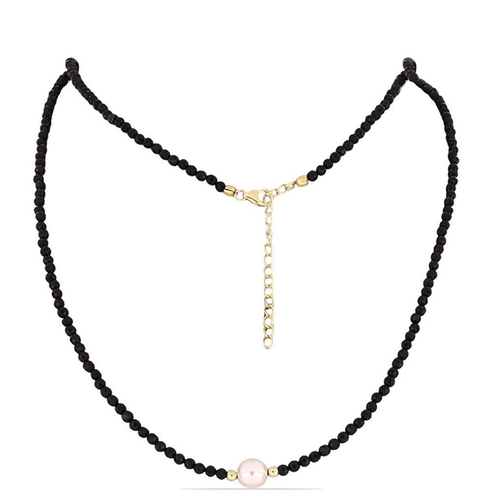 Collar de Plata Bañada en Oro con Ónix Negro y Perla de Agua Dulce Blanca