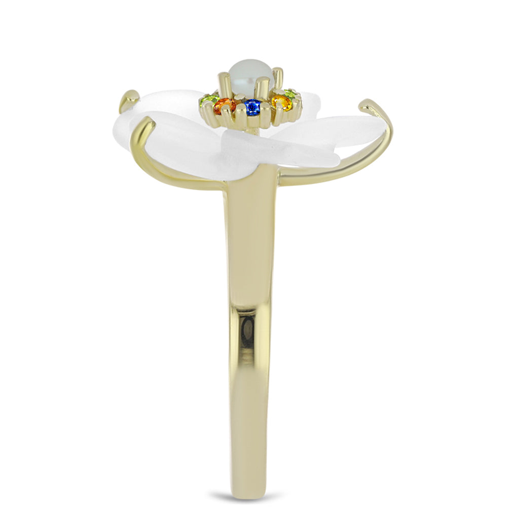 Anillo de Plata Bañada en Oro con Zafiro Arco Iris y Perla de Agua Dulce