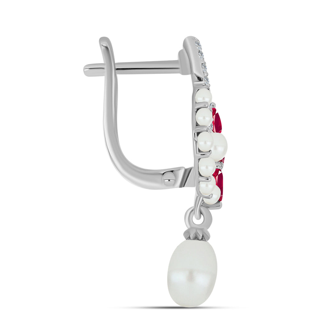 Pendientes de Plata con Rubí de Madagascar y Perla blanca de agua dulce