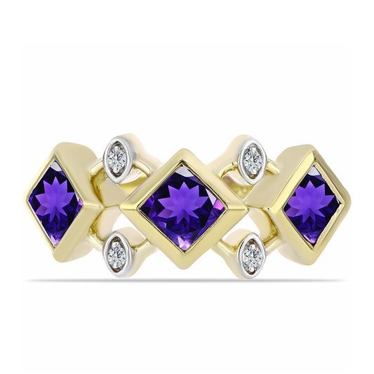 Anillo de Plata Bañada en Oro con Amatista de Marruecos y Topacio Blanco