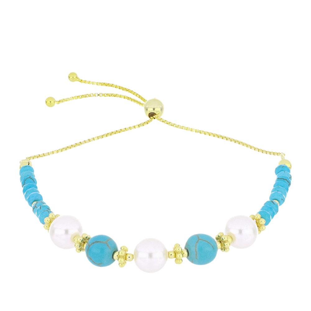 Pulsera de Plata Bañada en Oro con Turquesa Bella Durmiente y Perla blanca de agua dulce
