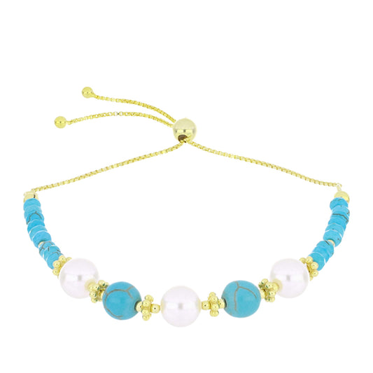 Pulsera de Plata Bañada en Oro con Turquesa Bella Durmiente y Perla blanca de agua dulce