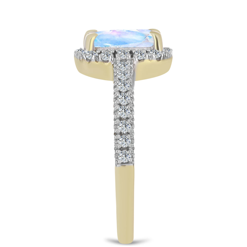 Anillo de Plata Bañada en Oro con Piedra Lunar Arco Iris y Topacio Blanco