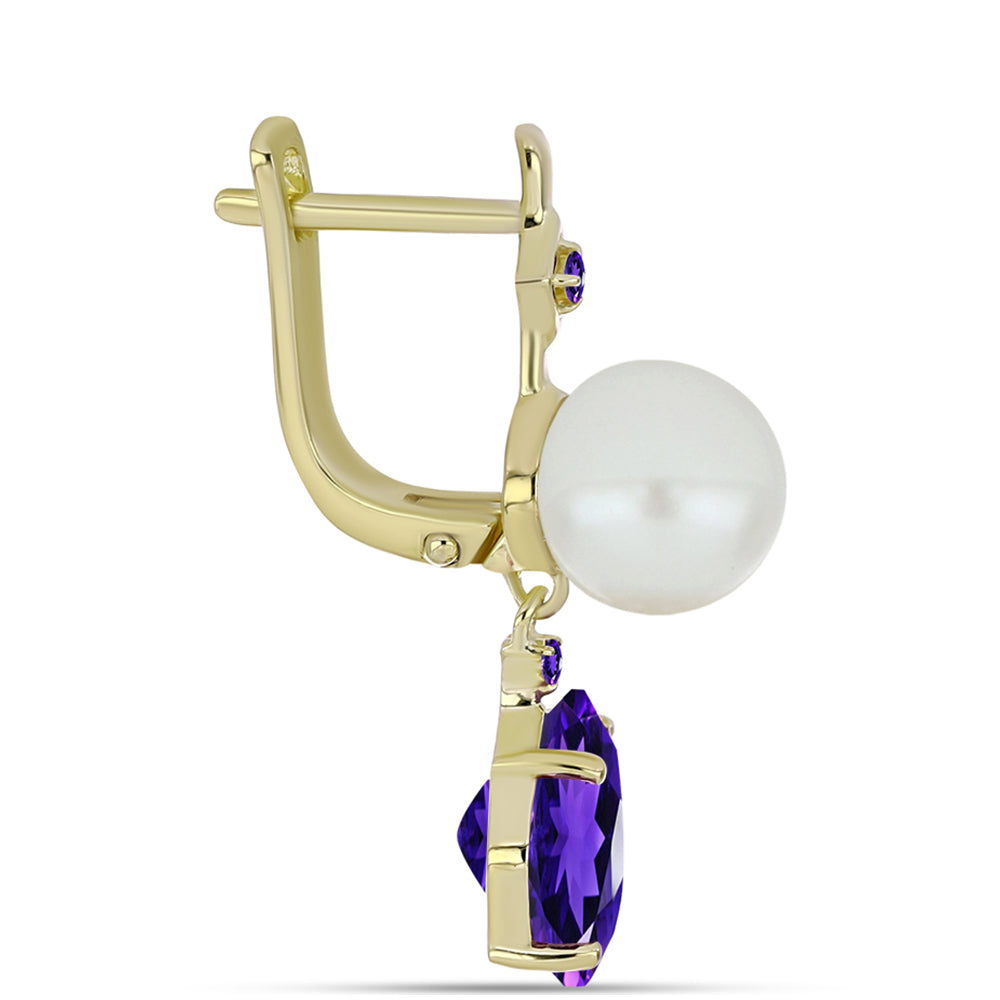 Pendientes de Plata Bañada en Oro con Amatista de Marruecos y Perla blanca de agua dulce