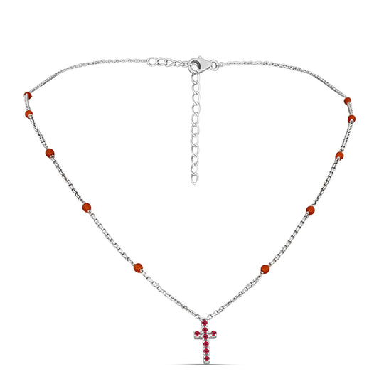 Cruz Collar de Plata con Rubí de Madagascar y Cornalina