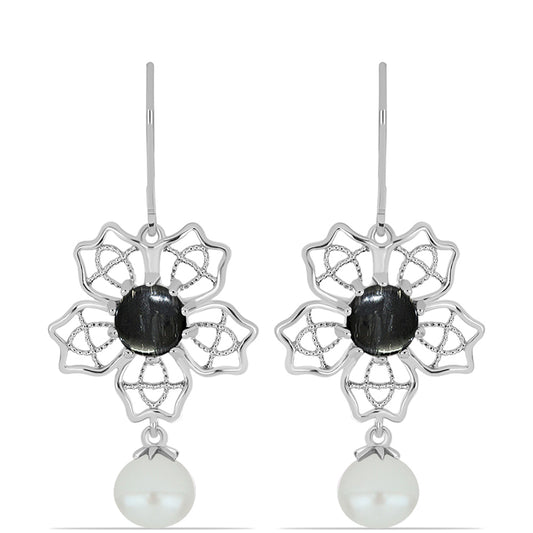 Pendientes de Plata con Jaspe Picasso y Perla blanca de agua dulce