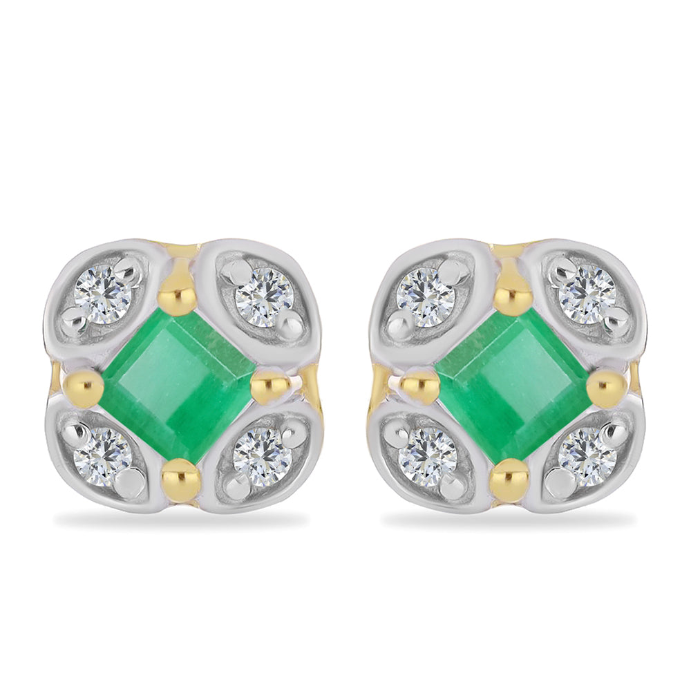 Pendientes de Plata Bañada en Oro con Esmeralda de Brasil y Zircón Blanco